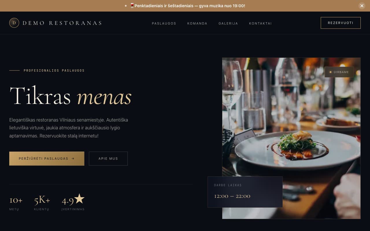 Restorano svetainės pavyzdys su stalo rezervacija — Webis.lt demo